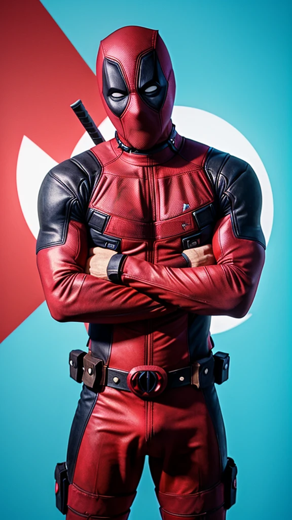 Generate an image of Deadpool in his signature red suit, standing against a light blue background. Deadpool should have his hands folded and be slightly leaning upwards. The background should be blurred, with Deadpool appearing prominently and clearly in the foreground."