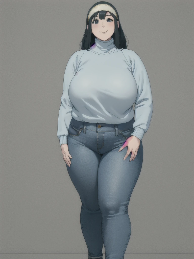 Hands on hips, Stand up straight, ((Full body)), (low head 1.5), A little chubby body type and small breasts, masterpiece, tight denim pants, chubby but small breasts, thick legs++, Full body+, Solo, Swollen face, 1 woman, wide shoulder, (white long sleeve tutleneck 1.5,) (tight turtle neck 1.5), light blue Denim pants, thick thighs, low rise light blue denim pants, solo, simple background, masterpiece, best quality, black hair, A chubby figure that seems real, smile, Headband, big head