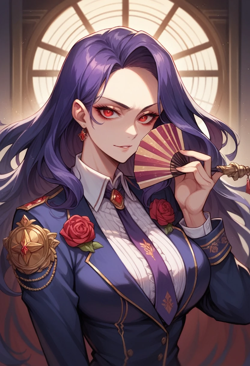 ((Best Quality)), ((Masterpiece)), (detailed) fan art of evil woman, Purple long hair, an elegant suit with a tie, red eyes glowing in the dark (extreme closeup)