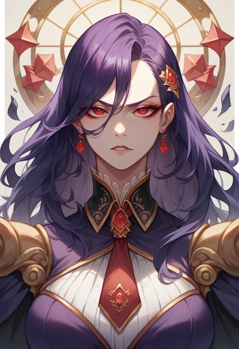 ((Best Quality)), ((Masterpiece)), (detailed) fan art of evil woman, Purple long hair, an elegant suit with a tie, red eyes glowing in the dark  (extreme closeup)