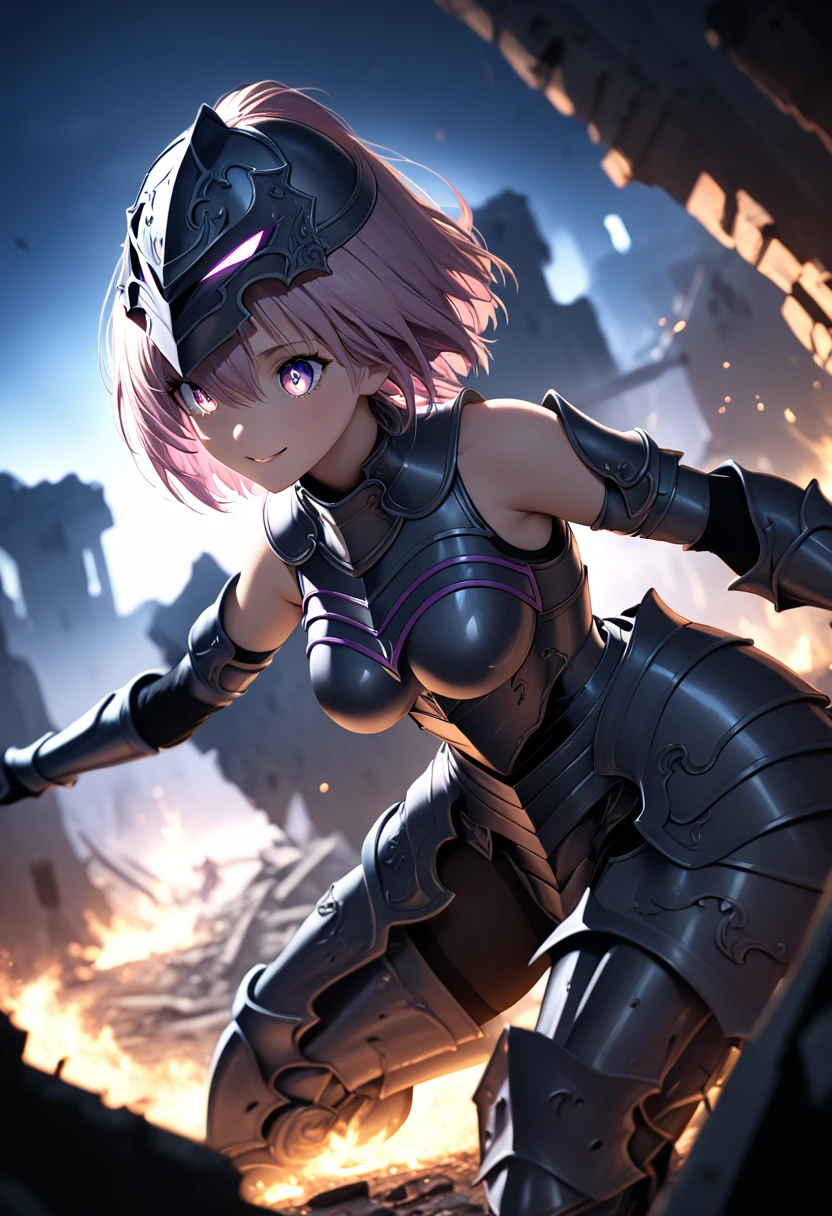 (masterpiece, top quality, best quality, beautiful and aesthetic:1.2), full body, SFW, extremely detailed, detailed eyes, detailed hands, cinematic light, depth of field, 1girl, seducing smile, solo, official, (full armored knight:1.4), dark armor, knight helmet, mash kyrielight, slim body, cinematic lighting, dramatic lighting, dramatic atmosphere, hyper-realistic, high resolution, stunning contrast, high quality, best quality, 8k, 4k, intricately detailed, (amazing details:1.2), highly detailed skin, powerful presence, vibrant colors, (detailed eyes:1.2), striking eyes, (detailed background), (warzone on background, night, ruins), (dynamic angle:1.2), (dynamic pose:1.2)