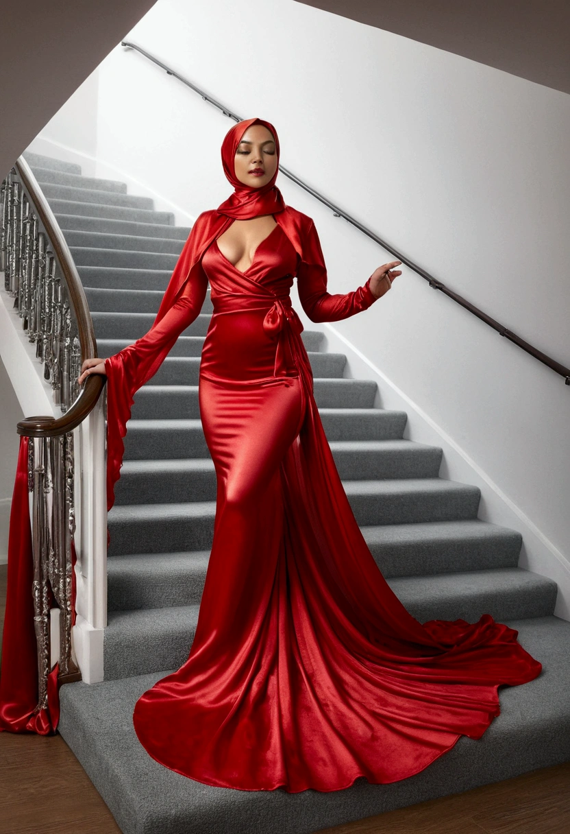 a woman in the red sheer gown, tight full body tied, satin sheet, nipple on with nipple piercing, blindfolded with satin fabric, satin hijab, full body, long satin,mermaid tight long gown, flowy dramatic long gown, walk down stair, satin fabric on flor, wear high heels, masterpice, hyper reallistic.
