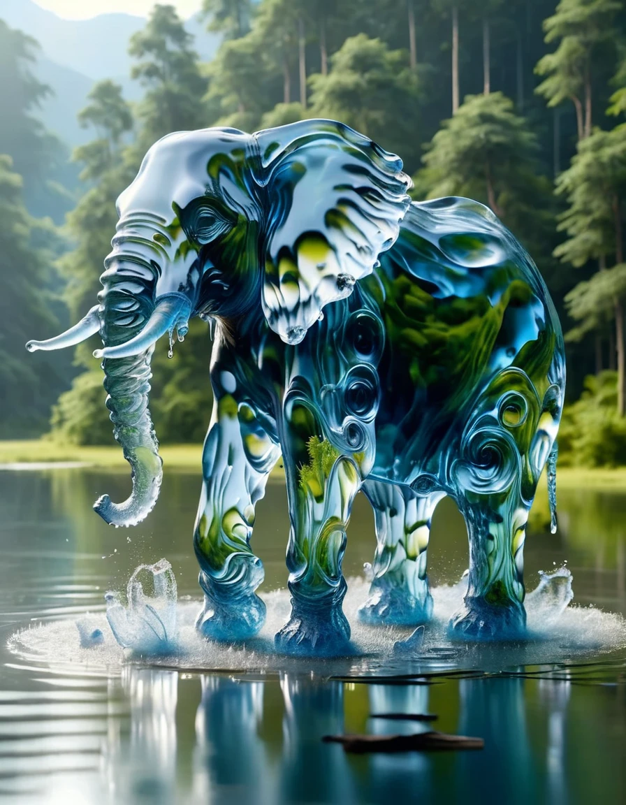 An elephant made of water stands in the middle of the lake