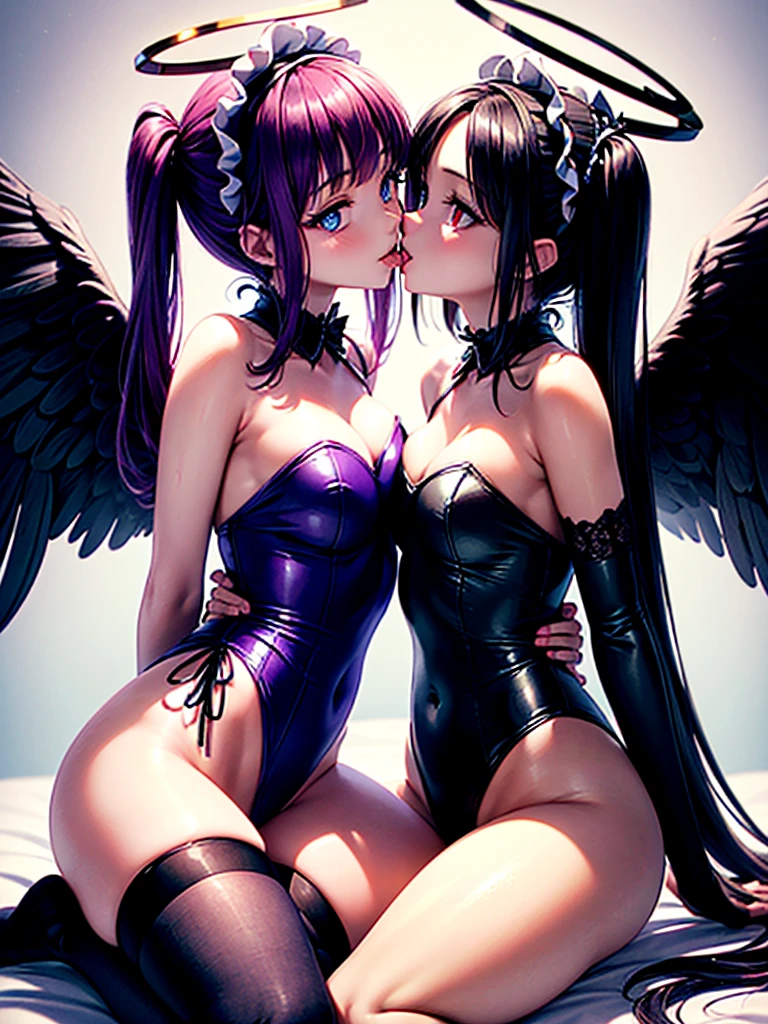 Highest quality,Highest Resolution,(((A beautiful girl with blue eyes, black hair and white angel wings on her back in a maid leotard)))and(((A beautiful girl with red eyes, purple hair, and black angel wings on her back in a gothic ta leotard)))are kissing in a face-to-face sitting position,saliva,(((Halo))),smile,Frills,Knee-high stockings,Camera angle from a distance,
