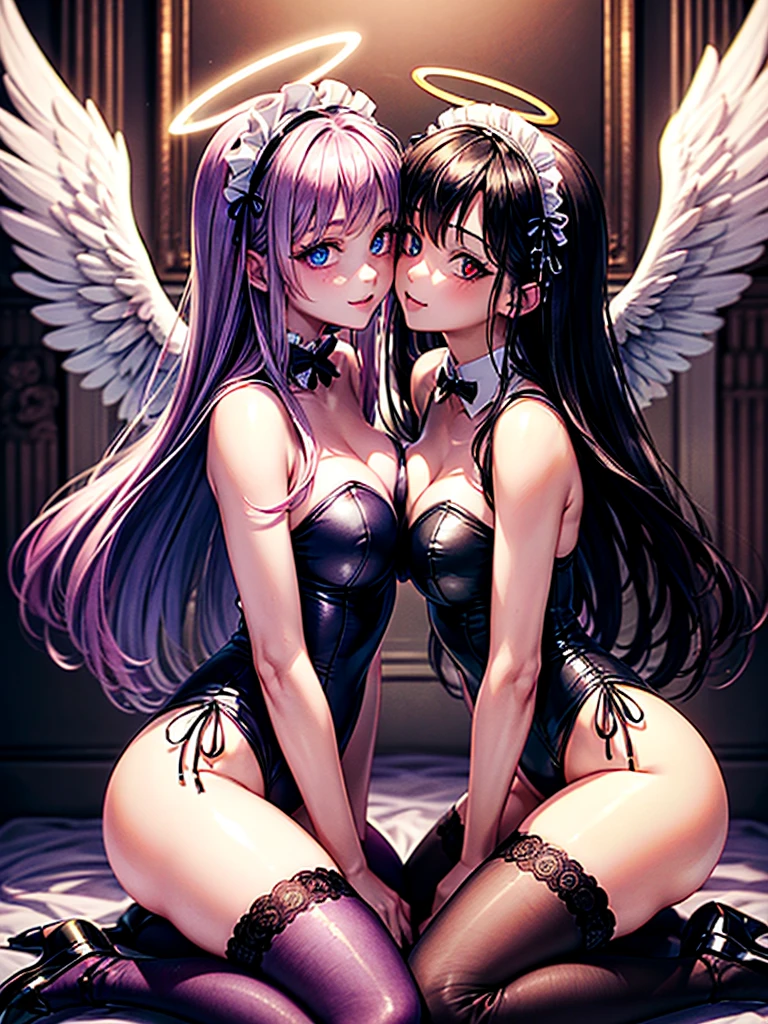 Highest quality,Highest Resolution,(((A beautiful girl with blue eyes, black hair and white angel wings on her back in a maid leotard)))and(((A beautiful girl with red eyes, purple hair, and black angel wings on her back in a gothic ta leotard)))are kissing in a face-to-face sitting position,saliva,(((Halo))),smile,Frills,Knee-high stockings,Camera angle from a distance,
