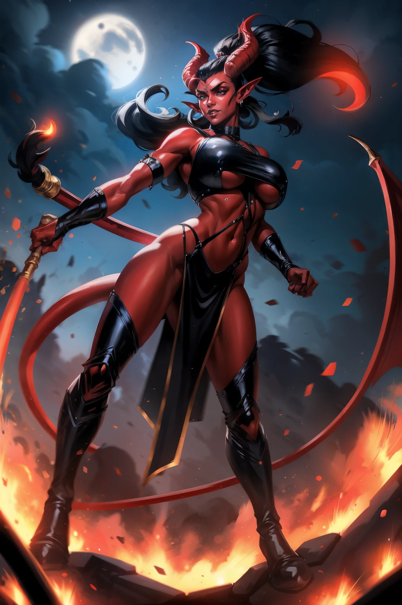 Red skin succubus tiefling, digitigrade legs, big medium breasts, black horns, wings, huge tail, black leather, crop top, long flowing pelvic curtain, tall, toned, graceful, thin, long black ponytail. Action scene, whip. Dark scene, explosions, night sky.