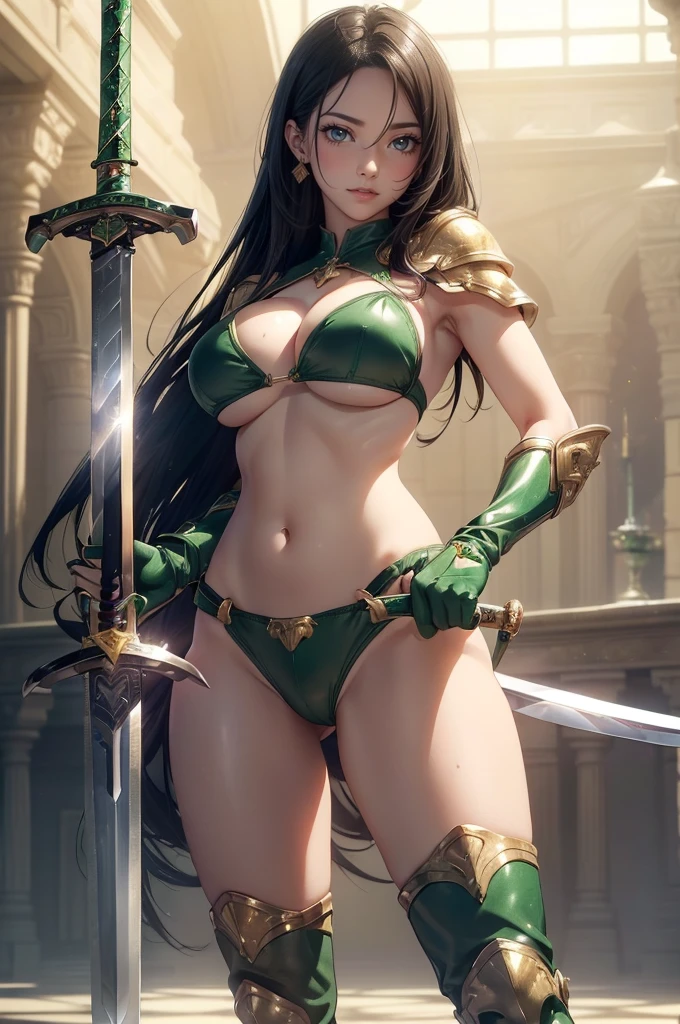 (masterpiece, best quality, cinematic, photorealistic, ultra-detailed), (1girl, female knight), (wide shot, full body, from the front:1.4), (wearing golden armor with an accent of emerald green, wearing green cafe, wearing green gloves and boots:1.5), (wearing an emerald green top and bottom bikini:1.4), (sleek black hair, with bangs:1.2), (sweaty body), perfect hands, perfect face, (large cleavage), (seductive pose:1.2), (hazel eyes, soft and shimmery eyeshadows, detailed pupils, defined eyelashes), (blushing, slightly parted lips, cherry lips:1.2), standing, (gradient background), (wielding a broad sword:1.5)