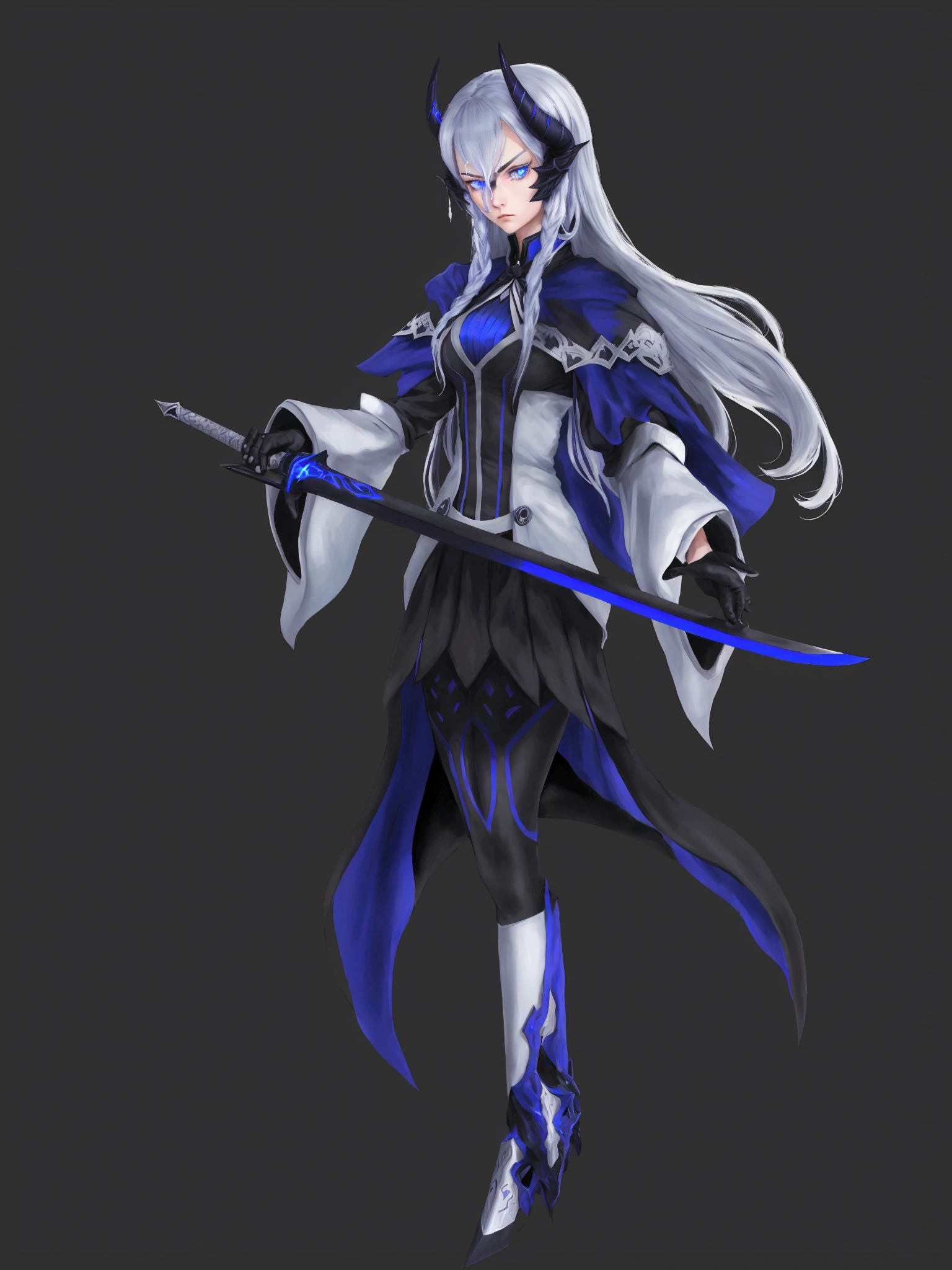 girl in black and white suit holding a sword, long white hair, blue eyes, black horns, serious look