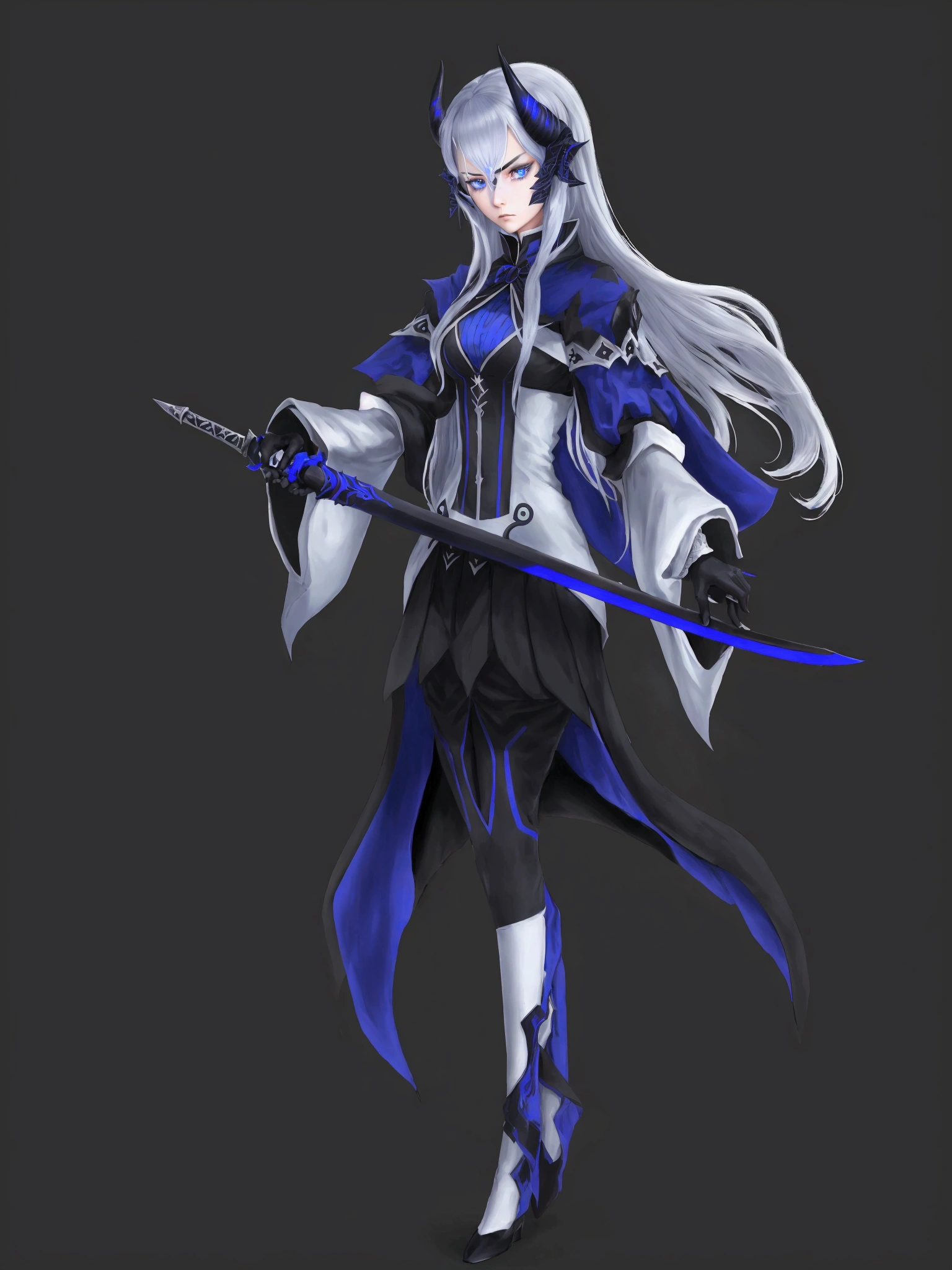 girl in black and white suit holding a sword, long white hair, blue eyes, black horns, serious look
