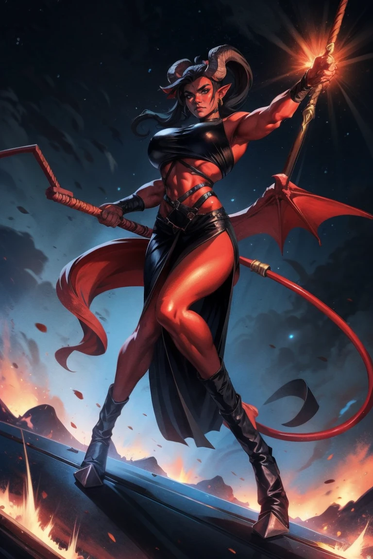 Red skin succubus tiefling, digitigrade legs, big medium breasts, black horns, wings, huge tail, black leather, crop top, long flowing pelvic curtain, tall, toned, graceful, thin, long black ponytail. Action scene, whip. Dark scene, explosions, night sky.