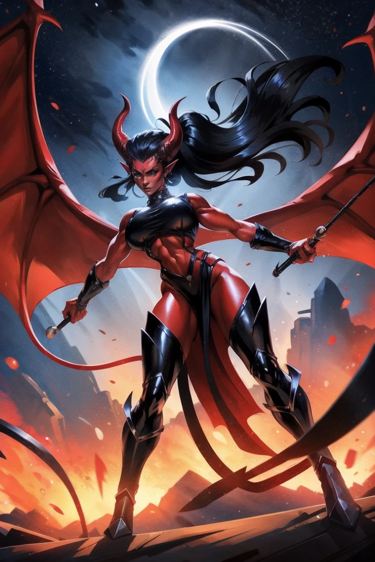 Red skin succubus tiefling, digitigrade legs, big medium breasts, black horns, wings, huge tail, black leather, crop top, long flowing pelvic curtain, tall, toned, graceful, thin, long black ponytail. Action scene, whip. Dark scene, explosions, night sky.