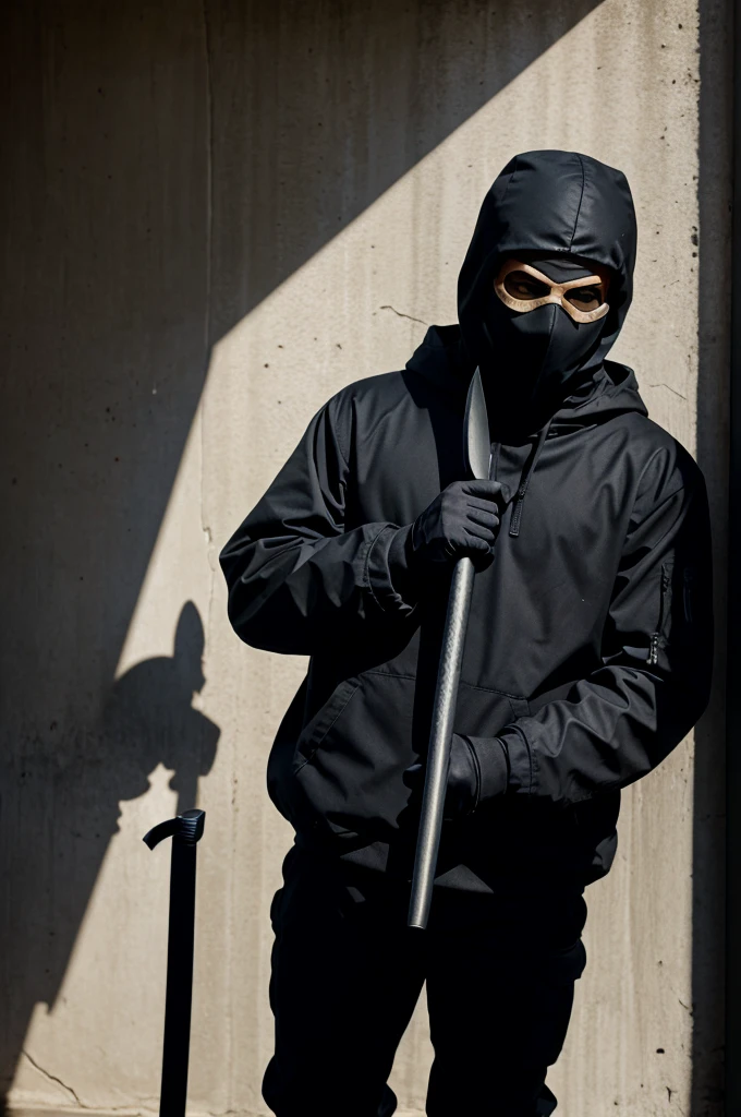 masked figure lurking in the shadows, wearing a criminal ski mask, holding a knife.*