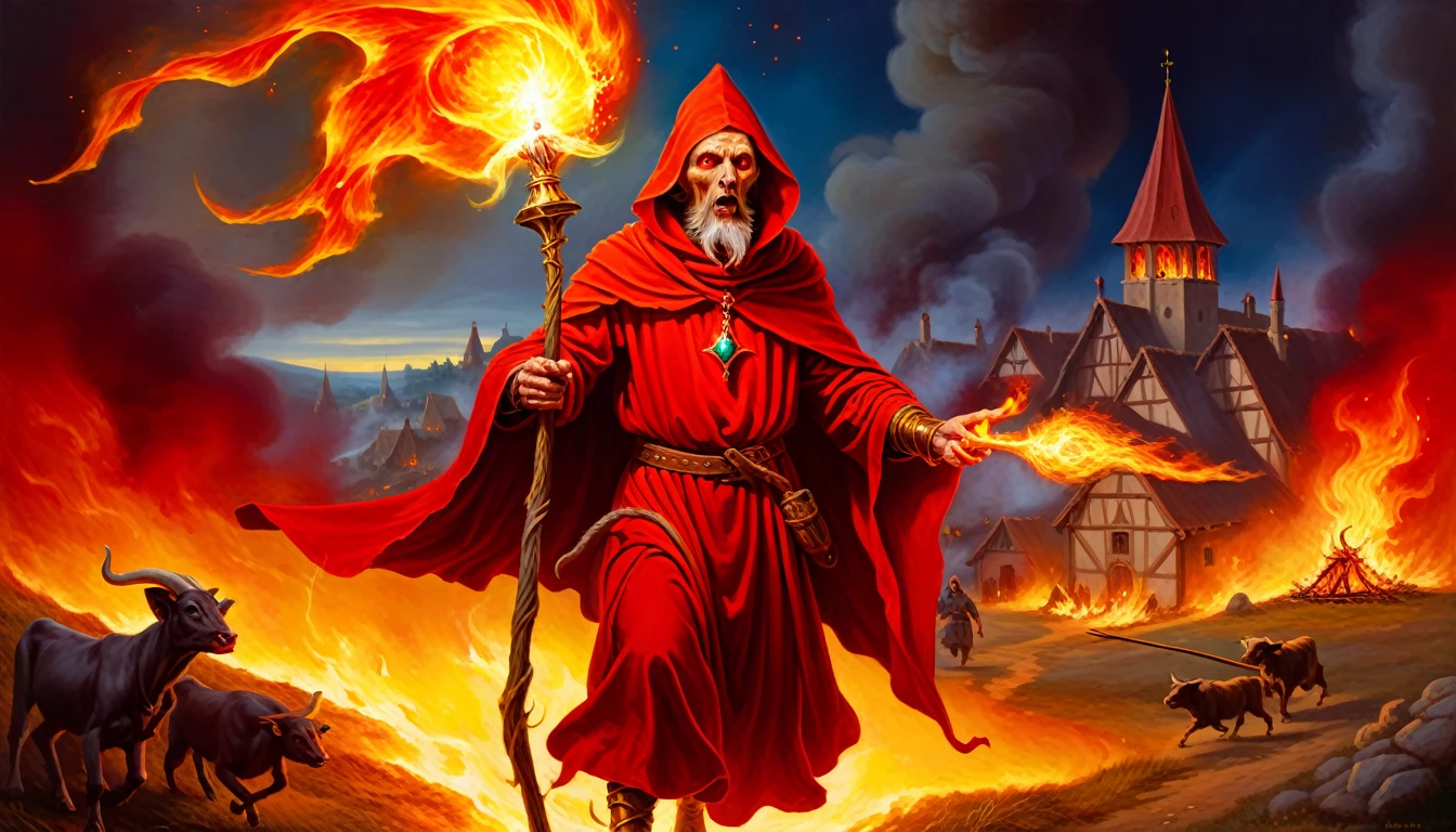 Highly detailed, UHD, 32k, medieval fantasy, metal hurlant cover, oil on canvas painting, An evil cowled wizard clad in red and yellow, holding a magical fire staff with a red crystal, casting fire orbs at a village, with villagers in running amidst the fires