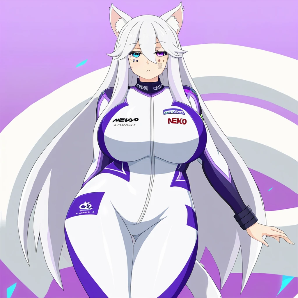 beautiful white neko, long white neko ears, white neko tail, anime style, purple eye, blue eye, big breasts, extremely detailed eyes and face, Wearing White and Purple Race Suit, white long hair, heterochromia, wide waist, mature woman, black small beauty mark under right eye