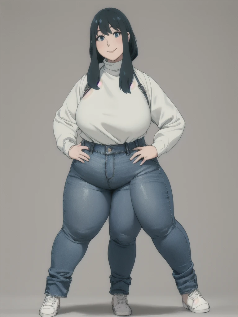 Hands on hips, Stand up straight, ((Full body)), (low head 1.5), A little chubby body type and small breasts, masterpiece, tight denim pants, chubby but small breasts, thick legs++, Full body+, Solo, Swollen face, 1 woman, wide shoulder, (white long sleeve tutleneck 1.5,) (tight turtle neck 1.5), light blue Denim pants, thick thighs, low rise light blue denim pants, solo, simple background, masterpiece, best quality, black hair, A chubby figure that seems real, smile, big head, High saturation