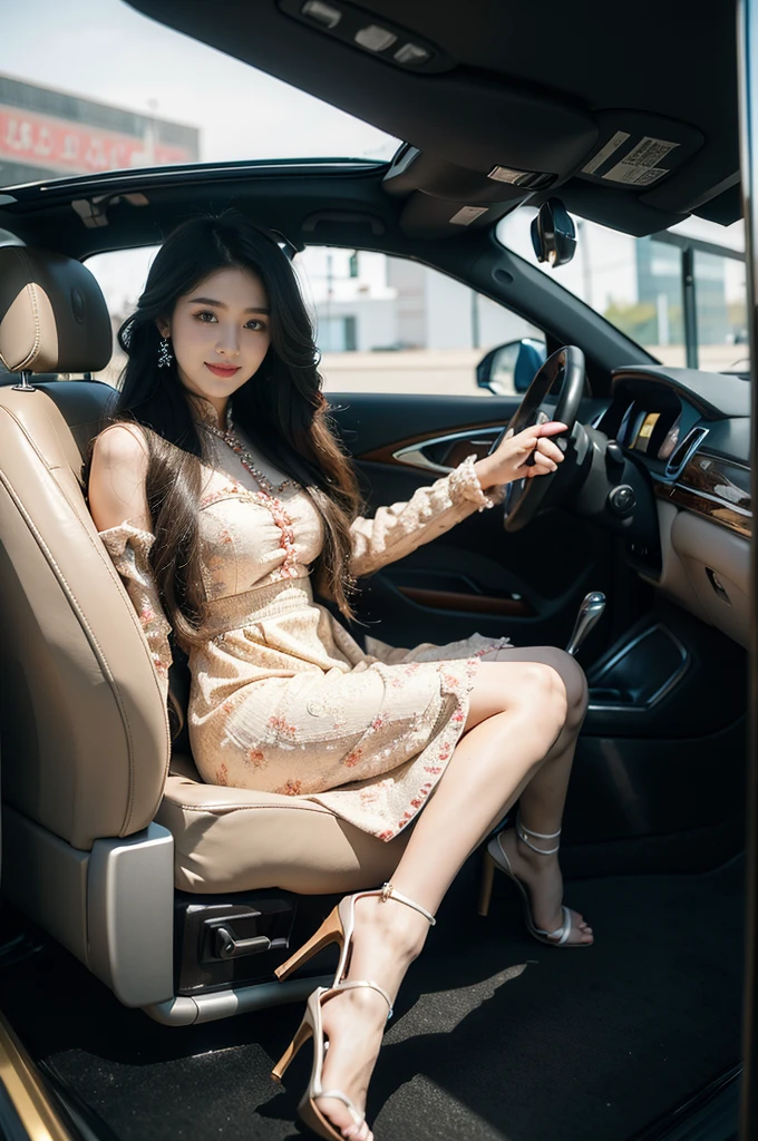 (((best quality))),(((ultra detailed))),(((masterpiece))),illustration,1girl,long hair,bright eyes,rosy cheeks,perfect smile,exquisite dress,intricate patterns,embellishments,slender figure,high-heeled sandals,sleek car,sharp lines,smooth curves,innovative features,interactive dashboard,eco-friendly engine,electric atmosphere,hustle and bustle,convention and exhibition center