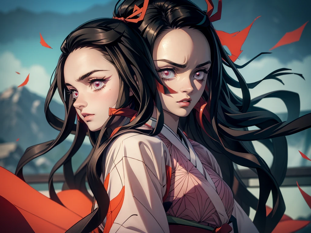 A beautiful anime girl with long black hair, classic kimono, nezuko, nezuko, detailed face, large expressive eyes, detailed lips, flawless skin, elegant pose, photorealistic, 8k, highres, masterpiece, ultra-detailed, realistic, vivid colors, perfect lighting, intricate details, elegant fashion design