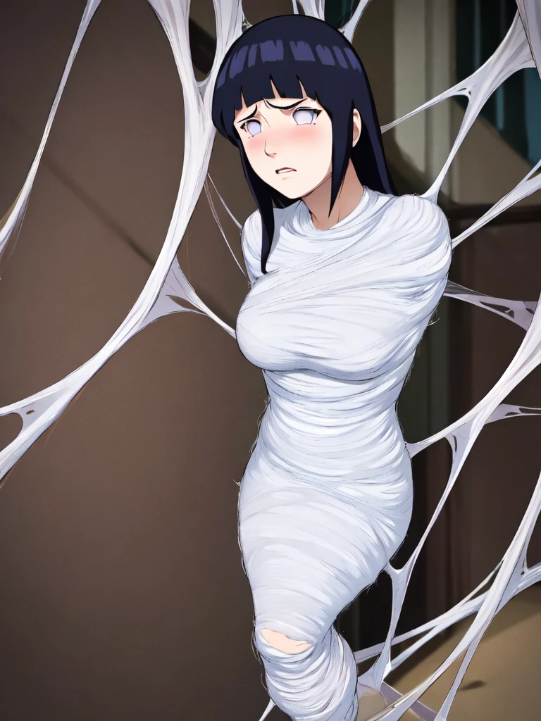 masterpiece, best quality, 1girl, solo, looking at viewer, hinata\(shippuden\), length hair, messy hair,large breasts , breasts out, (arms behind back:1.4), hanging,spiders in the web,long spider, Hinata, desperate,struggle, entangled, disgusted face, despair,cocoon, blushing face, (spider touching her), full body