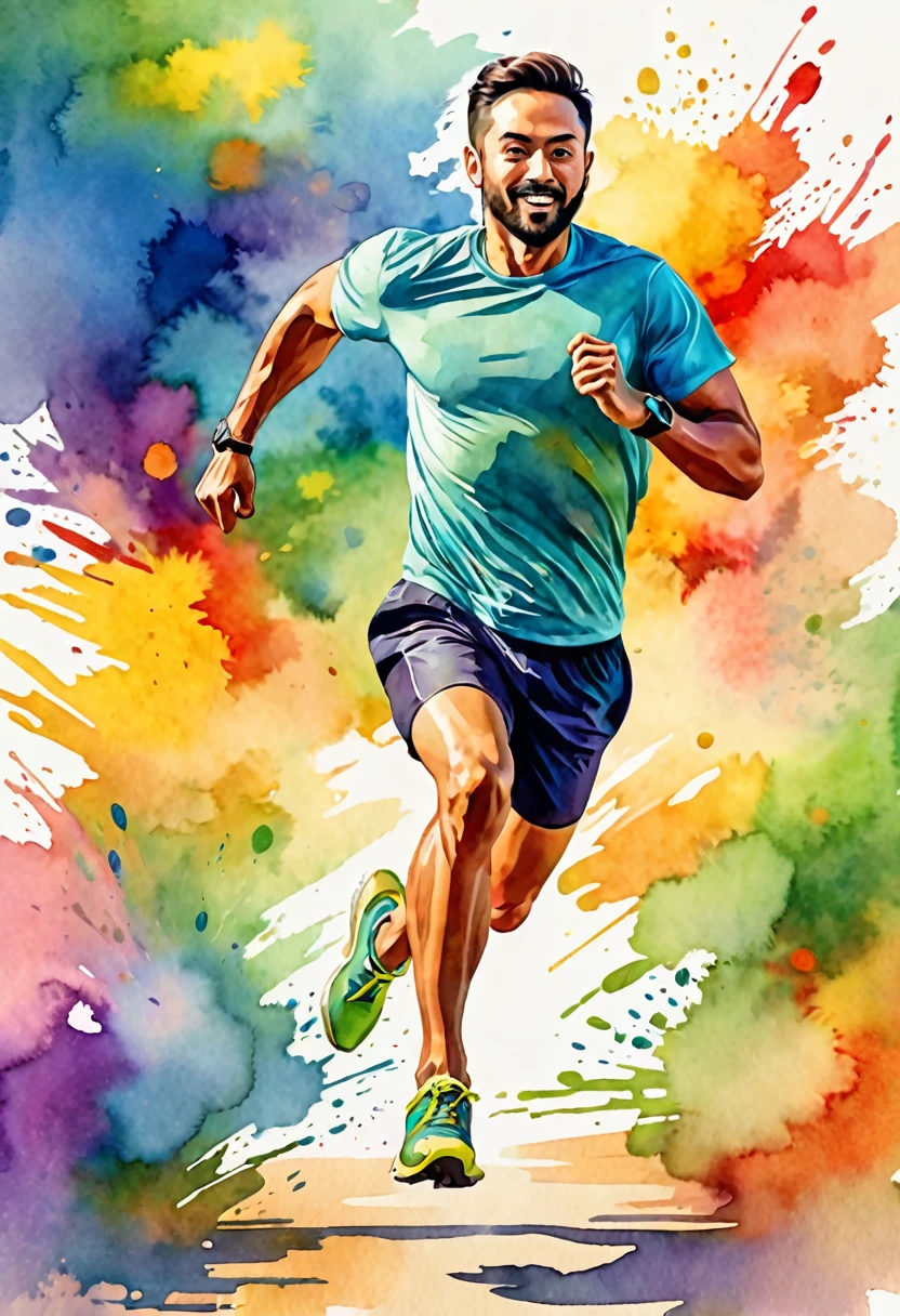 there is a man running with a colorful background, artistic illustration, sprinting, dynamic active running pose, artistic rendering, artistic depiction, painterly illustration, a beautiful artwork illustration, 5 k, 5k, art illustration, running pose, colorful illustration, watercolor illustration, watercolor digital painting, watercolor illustration style, running, artistic interpretation, digital watercolor