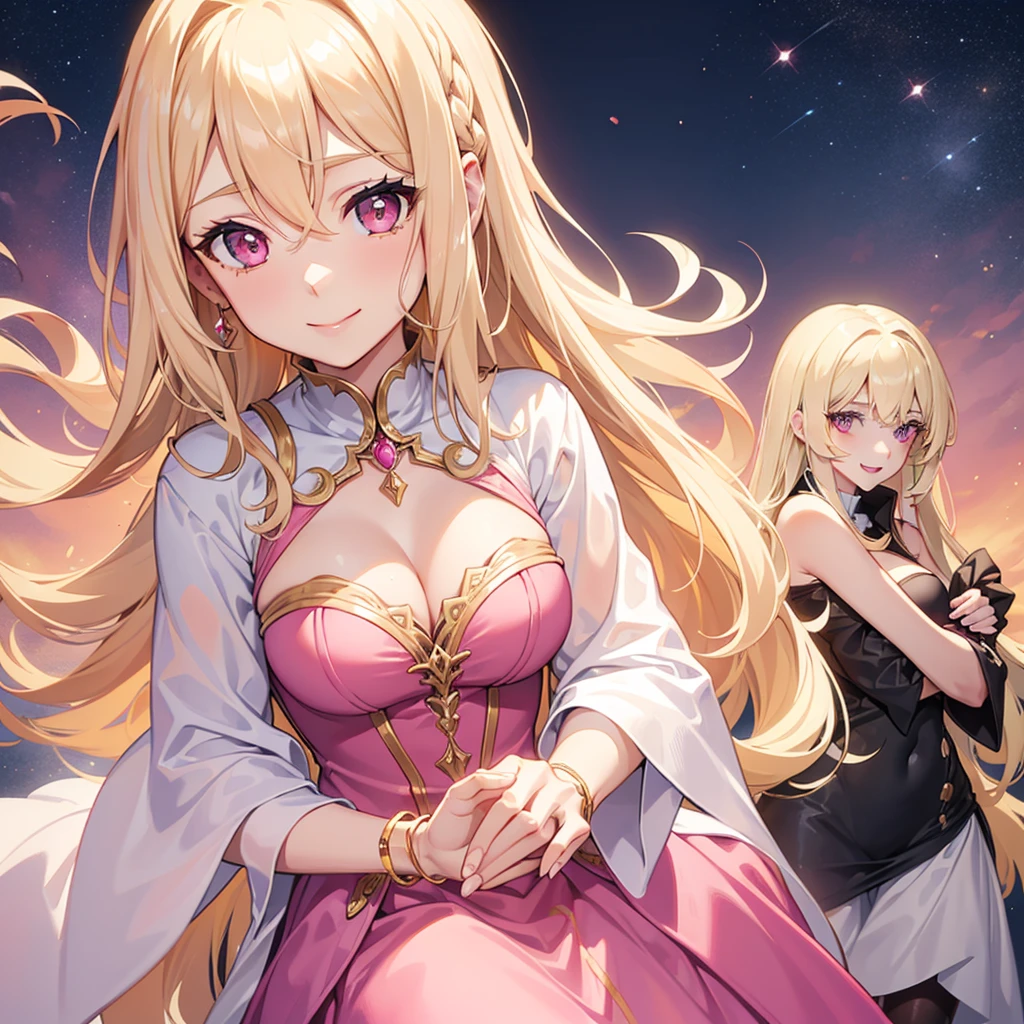 (((Adult woman))), long blonde hair, (Pink eyes), smile, magical dress