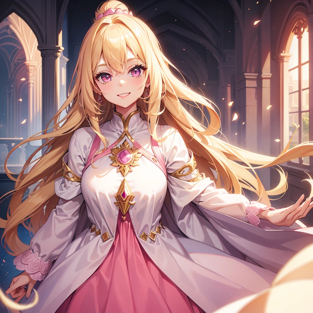 (((Adult woman))), long blonde hair, (Pink eyes), smile, magical dress