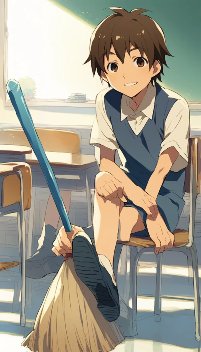 anime, 一人のboy, Handa Shinichi, Brown Hair, Brown eyes,  stop temporarily, smile, View your audience, Cartoon man with a broom, Man with a broom, 床をcleaningする, juvenile, doing hard work, Using a broom, High quality illustrations, , classroom、boy、cleaning、cleaning当番、housework、anime, 一人のboy, Handa Shinichi, Brown Hair, Brown eyes,
