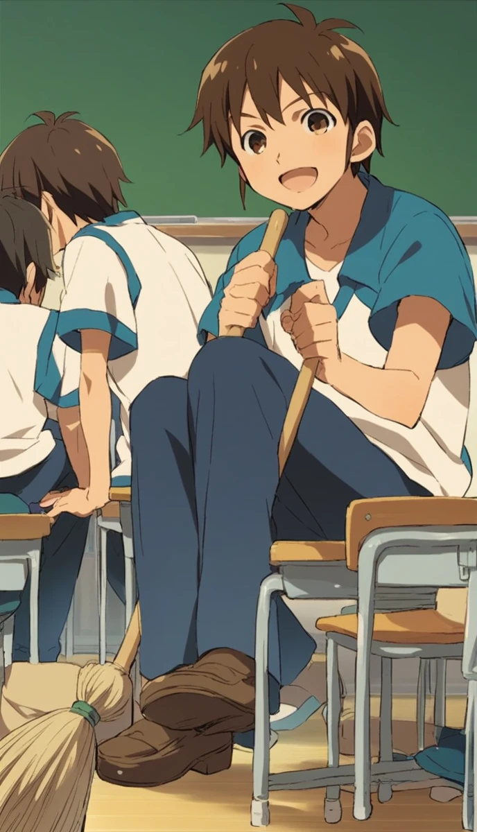 anime, 一人のboy, Handa Shinichi, Brown Hair, Brown eyes,  stop temporarily, smile, View your audience, Cartoon man with a broom, Man with a broom, 床をcleaningする, juvenile, doing hard work, Using a broom, High quality illustrations, , classroom、boy、cleaning、cleaning当番、housework、anime, 一人のboy, Handa Shinichi, Brown Hair, Brown eyes,
