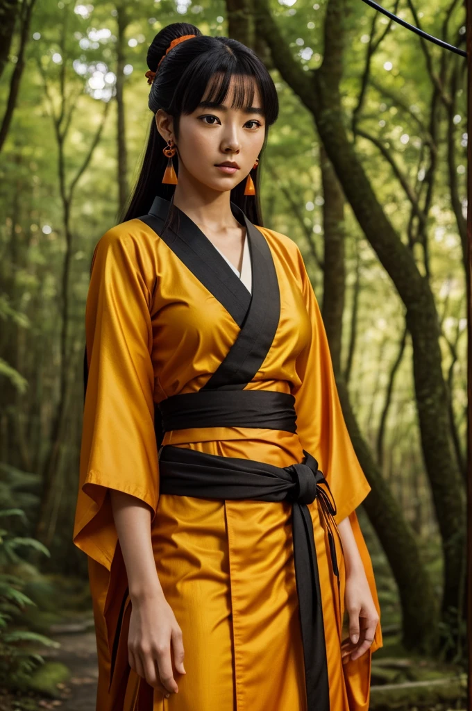 In the Demon Slayer universe with animated graphics. A girl with the appearance of Yona in Yona of the Dawn. She has the same mark on the top of her forehead as Yoriichi Tsugukuni. She wears a very pale orange-colored nagagi kimono with a black umanori-style hakama and a sun sword worn on the left side of her waist as well as long yellow and jade tasseled earrings similar to Yona. The background is a forest