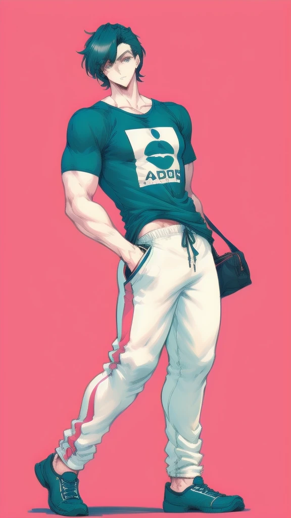 Full body in image, masculine pose, unique hair, casual black t-shirt, white harem pants, slender male body, short hair, hot body, sexy male body, dynamic pose, detailed pose, simple background, expressive face, focus on face, line art, sketch, tall guy, pose, full body portrait, male character, full body character portrait, single character full body