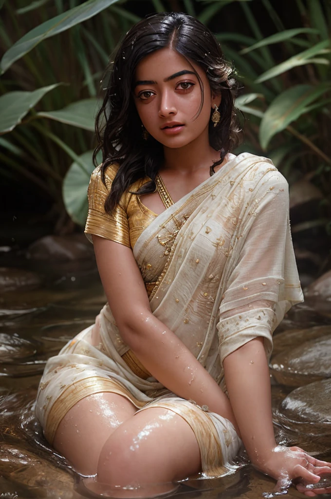 Close up portrait of a cute woman (Rashmika) bathing naked in a crystal clear river, reeds, (backlighting), realistic, masterpiece, highest quality, lens flare, shade, bloom, [[chromatic aberration]], by Jeremy Lipking, by Antonio J. Manzanedo