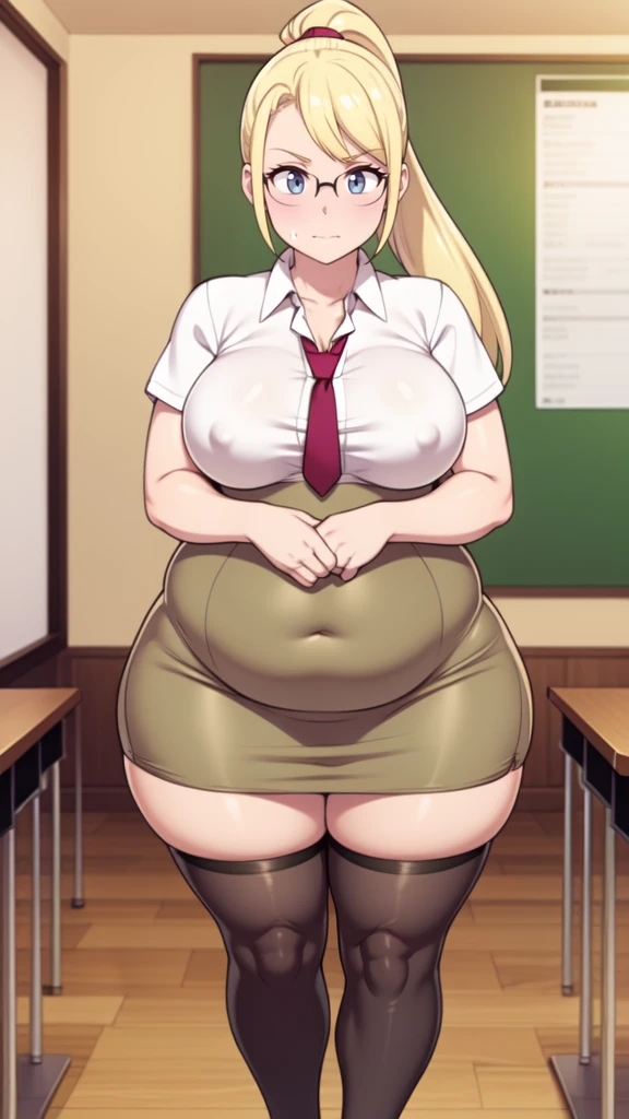 ((highres)),Masterpiece, high quality, best quality, beautiful, perfect lighting, detailed face, ultra cute face, ((1girl)), ((solo), long blonde hair, ponytail, blue eyes, glasses, embarrassed look, masochist, aroused, ((blush)), looking at viewer, arms crossed, standing in a classroom, (classroom), daytime, dress shirt, pencil skirt, (tight clothes), ((chubby)), (thigh highs), (wide hips), ((thick thighs)), medium breasts, perky breasts, 24 year old female,