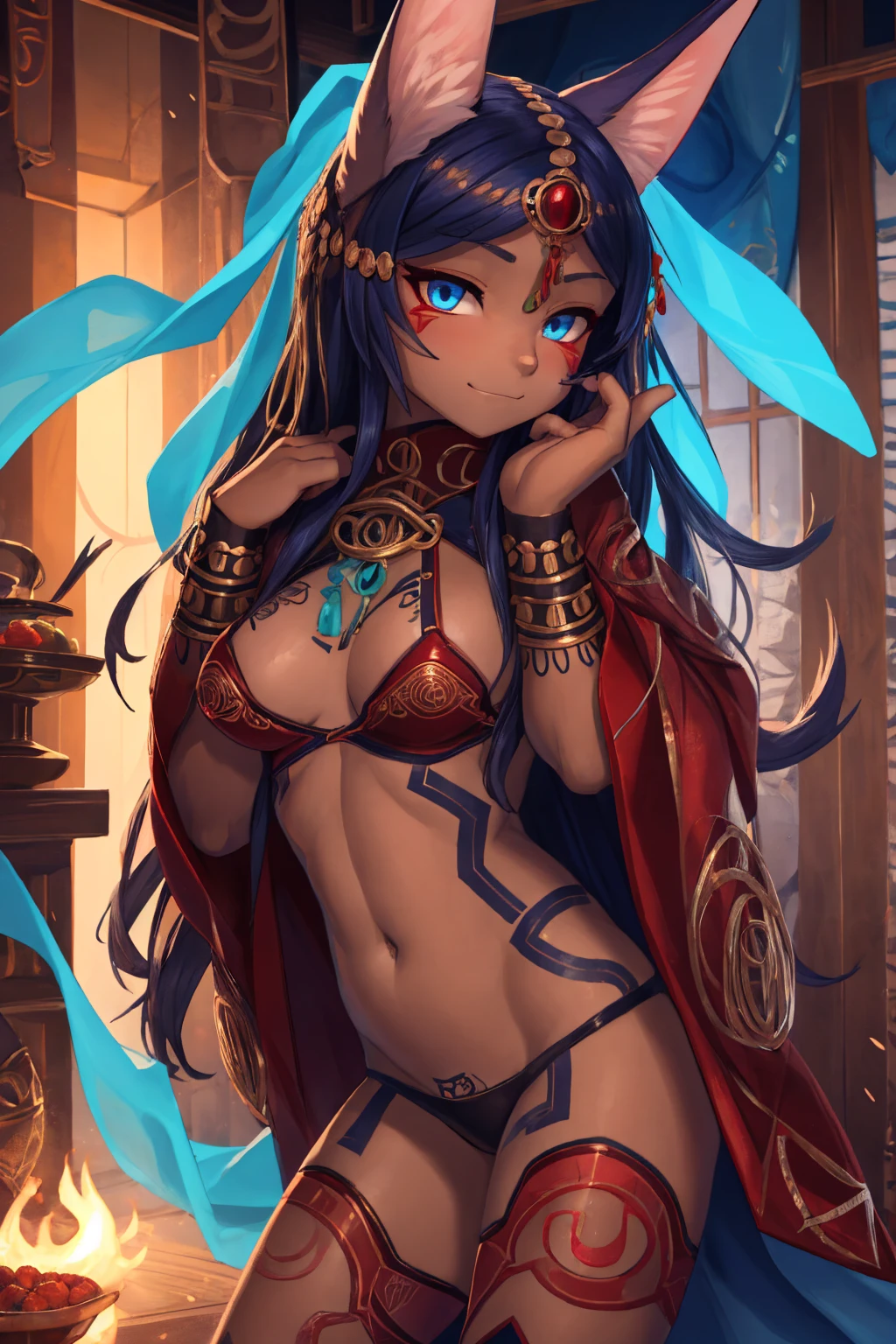 the best definition,(1 ) High Definition, kitsune ears, tribal tattoo, flirtatious girl, Small breasts add_detail, magician girl add_detail, sensual pose, horny girl, expression of sarcasm puts his hands to his face with an expression of mischief add_detail, detailed pupils, deep blue color add_detail:1