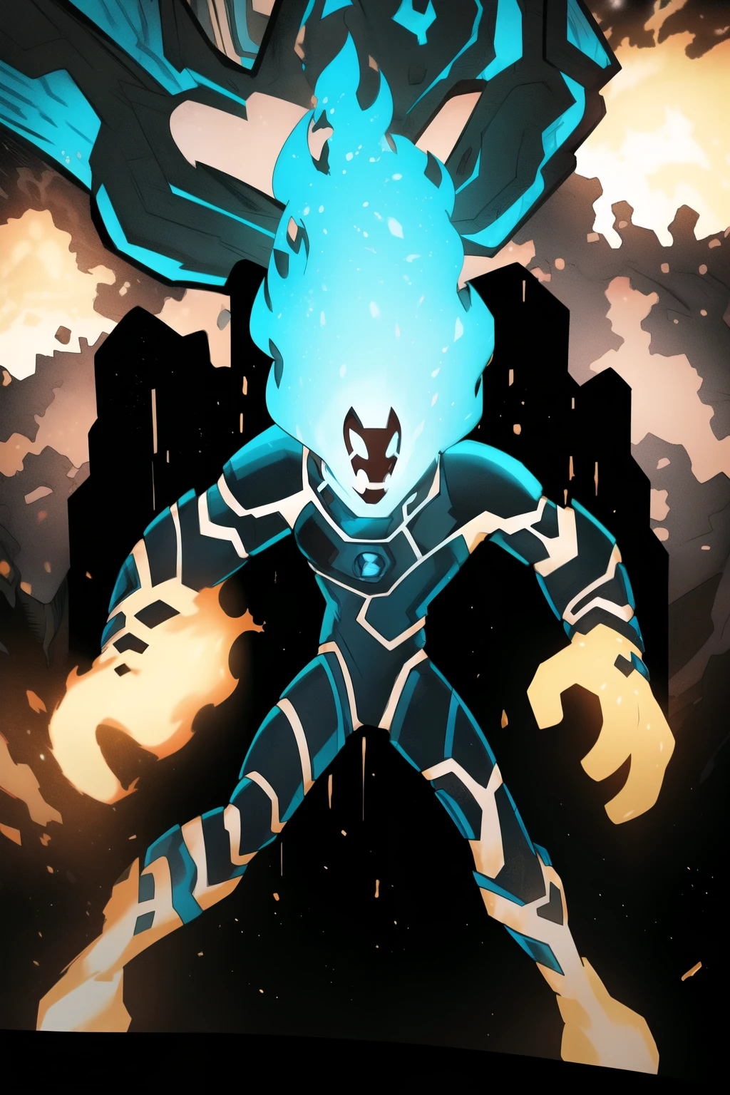 heatblast, detailed background, with blue fire/flames girl body composed of blue flames covered in molten black rock, Blue hands and blue head flames/fire, masterpiece, best quality, Heatblast from Ben 10, B blue night, blue fire, semi-realistic, high-quality illustration, dynamic action pose, overcharged with power, berserker state, fiery explosions, blue flames erupting from body, glowing with intense energy, fierce expression, angry, powerful stance, vibrant colors, detailed armor with glowing lava-like lines blue, cinematic lighting, sparks and embers flying, dramatic atmosphere, high detail, epic background, intense fire and energy effects, surrounded by a fiery aura, glowing eyes, heatwaves, energy bursts, Heatblast, realistic blue fire textures, highly detailed environment, high resolution, powerful and dramatic scene, full-body shot, intense focus on blue flames and power emanating from the character, vivid contrast, highly detailed muscle definition, armor texture, blue flames mixed with normal fire colors, aggressive and violent expulsion of fire, character standing out prominently in the scene, style similar to provided reference image, intense and chaotic energy, swirling blue flames, radiant and powerful, intricate details in fire and armor, energetic and intense pose, exaggerated fiery effects, powerful glow surrounding character, sparks and lightning-like energy, molten and fiery ground beneath, intense heat waves, high contrast between blue flames and background, glowing hot spots on armor, hyper-detailed fiery texture, r1ge, heatblast, Fire background, (fire particles: 1.3)