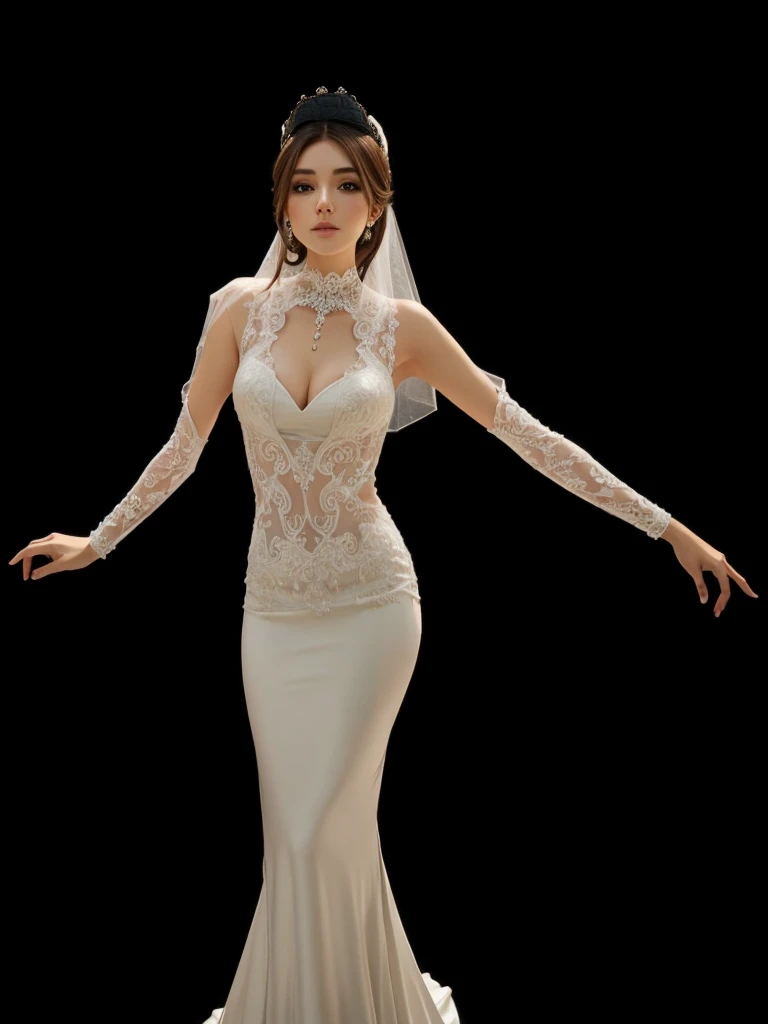 a beautiful girl, with white wedding dress, with veil on head, with brown hair.