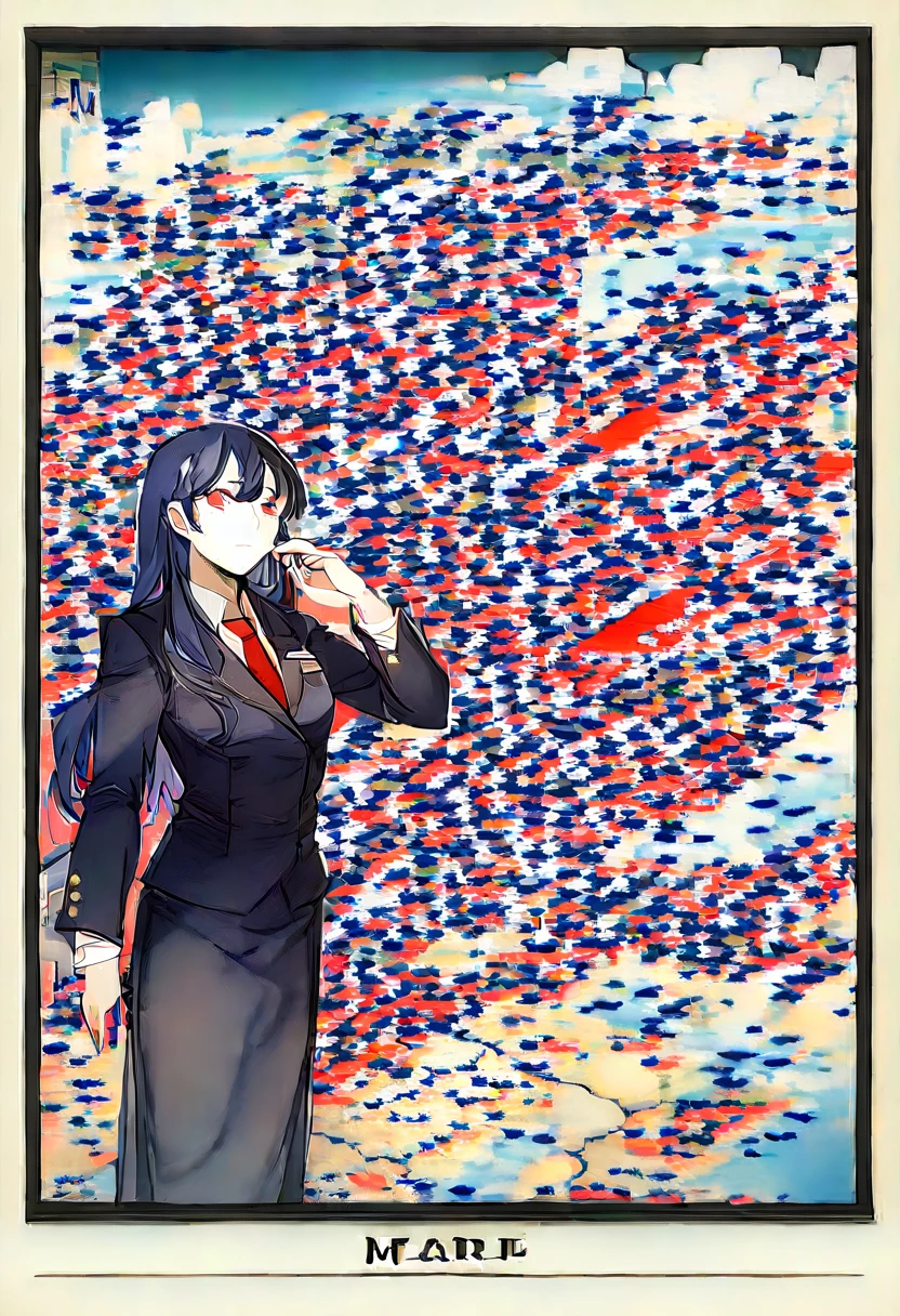 ((Best Quality)), ((Masterpiece)), (detailed) fan art of a woman, Purple long hair, an elegant black suit with a tie, blood red eyes, It is in a dark alley with many red threads around ((dark environment)), ((Low light)), ((anime style, ((animation studio: MAP, Jujutsu Kaisen)), (extreme closeup)