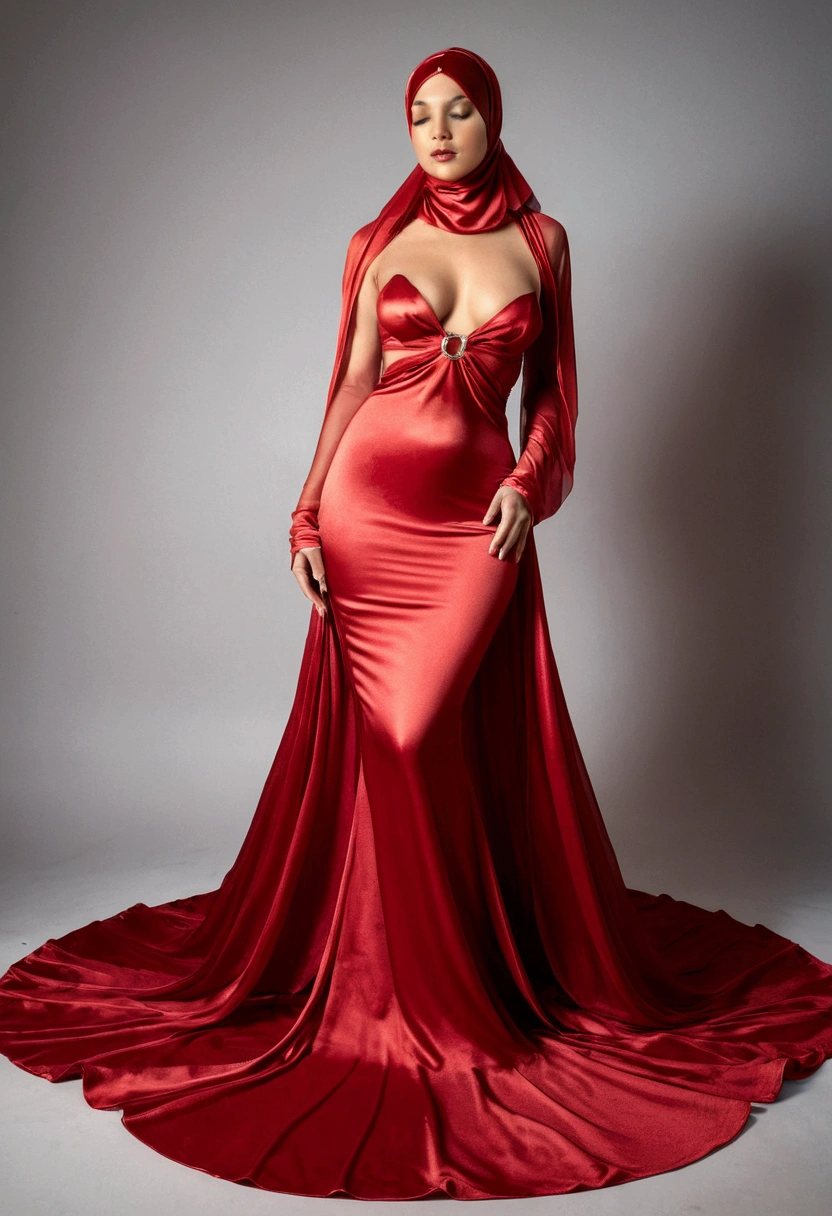 a sexy a woman covered in large red satin cloth, tied tightly with the satin cloth, mummified, the satin hanging down very long, a mermaid style dress, wearing a satin hijab, the satin cloth is very long, forming the curve of the body, flowy satin about 4 meter,full body pose, masterpice, 4k resolution, ultra-realistic, highly detail.
