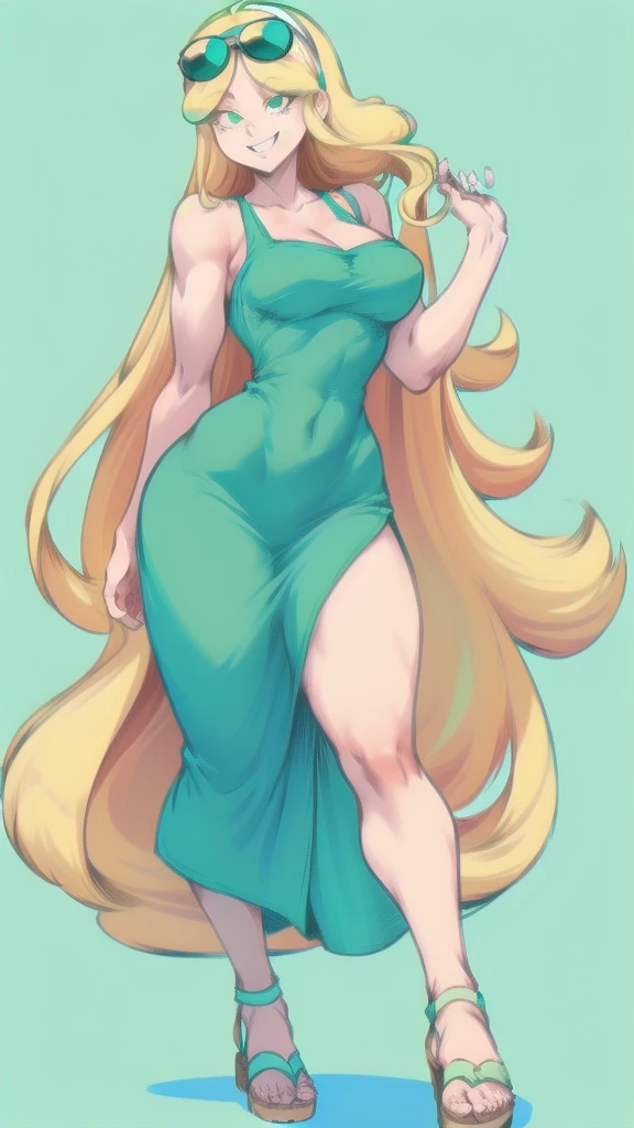 Full body image of Leni Loud from The Loud House, full body in image, wearing her original outfit (mint green dress, white sandals, and white sunglasses on head), long blonde hair, female body, tall and slender body, dynamic pose, detailed pose, simple background, expressive face showing a cheerful smile, focus on face, line art, sketch