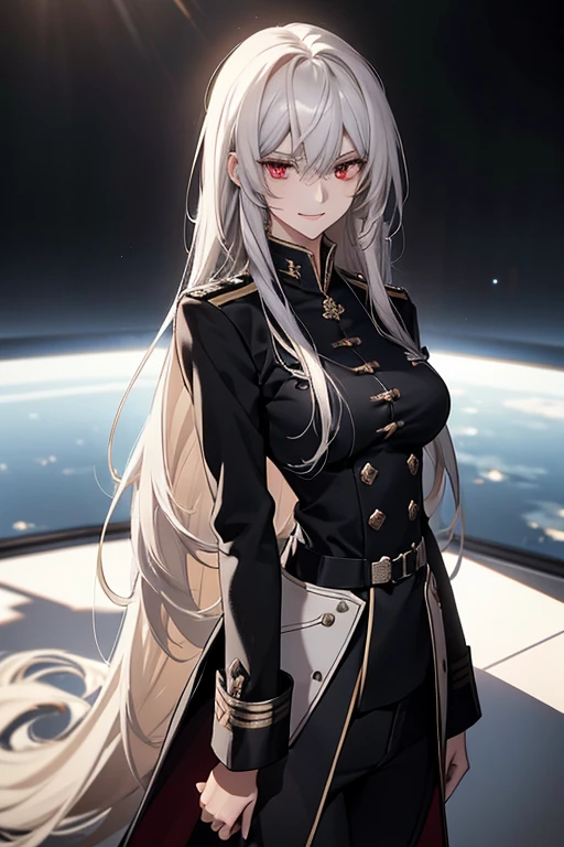 (Confused, High resolution, Very detailed), 1 female, Silver Hair,Long Hair,Bright red eyes,White and black military uniform,24th generation,beauty,mature,thin,quiet,Calm,A small smile,A kind smile,In front of the person I like,Long coat,Slender and thin,boots,skinny pants,Observatory,Small breasts,