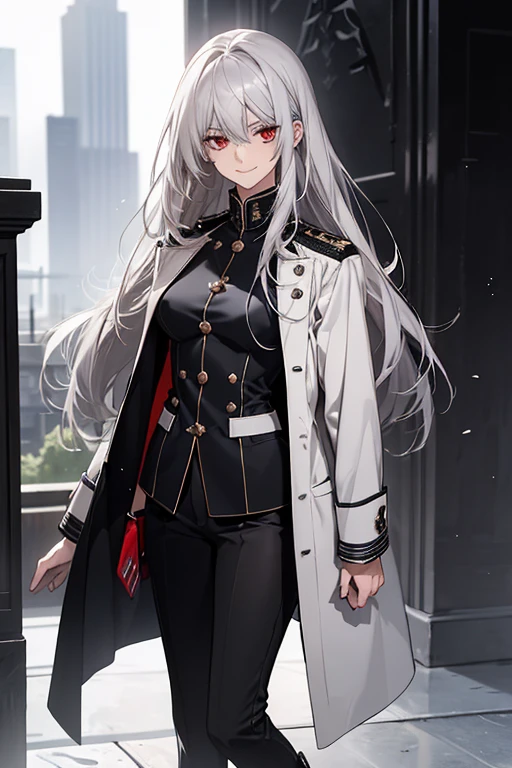 (Confused, High resolution, Very detailed), 1 female, Silver Hair,Long Hair,Bright red eyes,White and black military uniform,24th generation,beauty,mature,thin,quiet,Calm,A small smile,A kind smile,In front of the person I like,Long coat,Slender and thin,boots,skinny pants,Observatory,Small breasts,