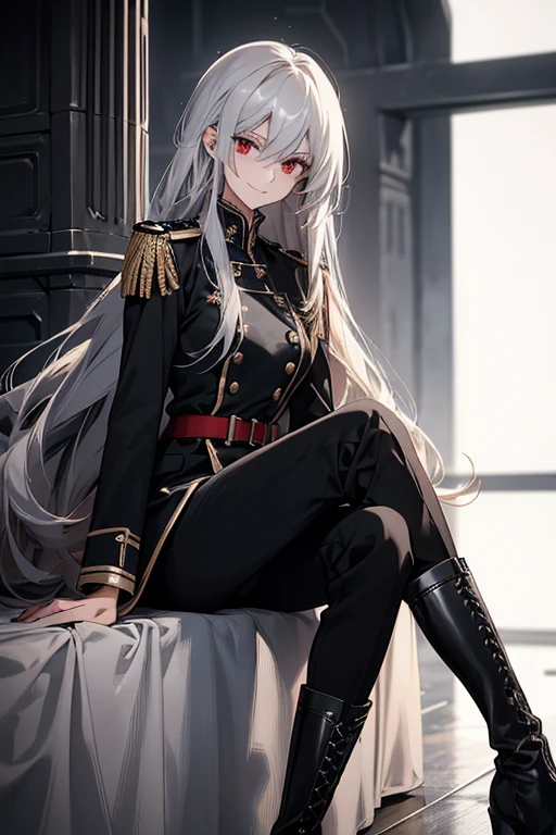 (Confused, High resolution, Very detailed), 1 female, Silver Hair,Long Hair,Bright red eyes,White and black military uniform,24th generation,beauty,mature,thin,quiet,Calm,A small smile,A kind smile,In front of the person I like,Long coat,Slender and thin,boots,skinny pants,Observatory,Small breasts,