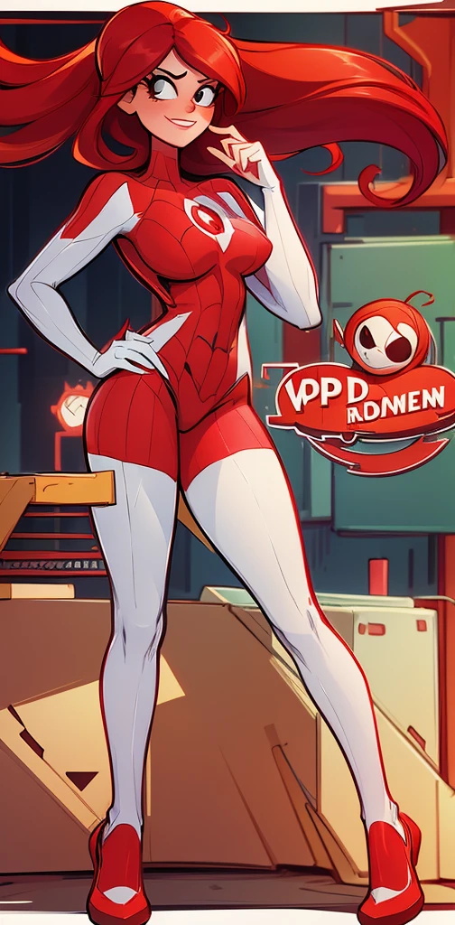 a woman in a red and white costume is posing, spiderwoman!!!!!, Spinneret (Mary Jane Watson)  friendly expression, facing camera, slender build, 