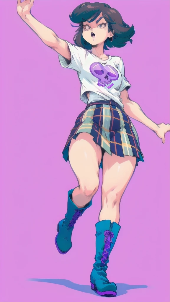 Full body image of Luna Loud from The Loud House, full body in image, wearing her original outfit (purple t-shirt with skull, plaid skirt, purple boots), short brown hair, female body, slender and energetic body, dynamic pose, detailed pose, simple background, expressive face showing enthusiasm, focus on face, line art, sketch