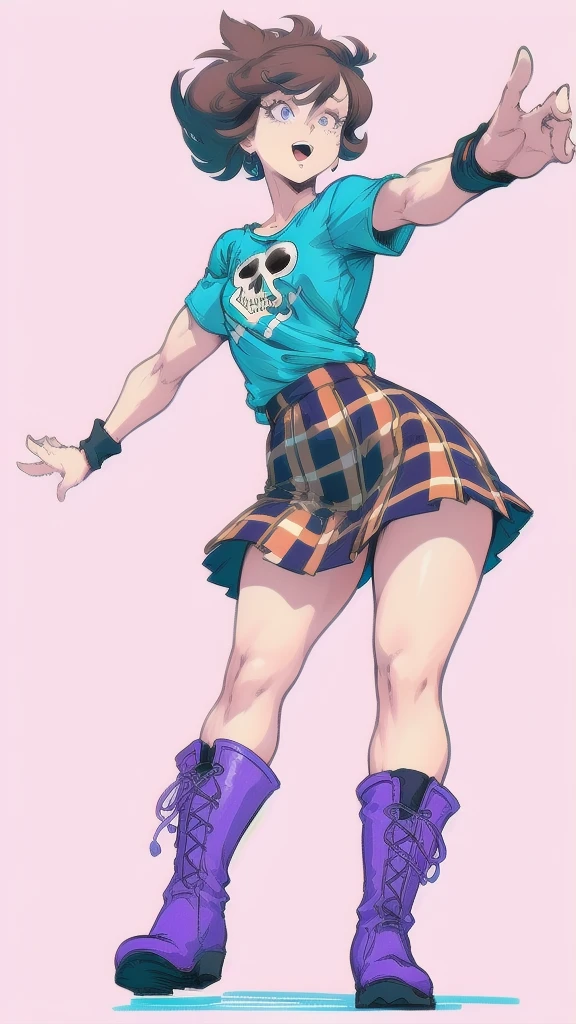 Full body image of Luna Loud from The Loud House, full body in image, wearing her original outfit (purple t-shirt with skull, plaid skirt, purple boots), short brown hair, female body, slender and energetic body, dynamic pose, detailed pose, simple background, expressive face showing enthusiasm, focus on face, line art, sketch