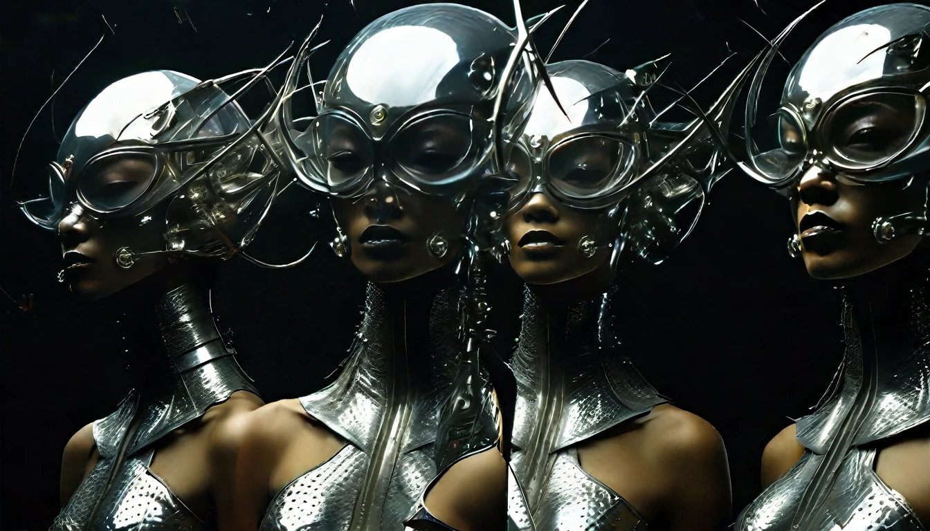 (jerry ryan|Marilyn Monroe)two women in costumes are standing in a room, as lady mechanika, static Prometheus frame, blue body paint, cyberpunk ornaments, Aztec Empress, cinematic details, guards, balcony scene, solarpunk, by Leon Wyczółkowski, sisters, Japanese cgi, Kazakh empress, character close-up