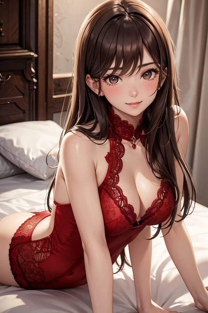Best Quality,High resolution,8K,finelity detailed background,Masterpiece:1.2),beautiful girl,Shiny brown hair,crossed bangs,Brown eyes,Gentle look,A refreshing look,smile,Best quality,Best Quality,Aesthetic and aesthetic:1.2,Best details((Super detailed))(High-definition CG illustrations),Upper Body, Red underwear,(red intricate lace),Slender body,night,moon,Bedroom,On the bed,smile,blush,cute,Scrounge,Looking up,Being spoiled,super model,wariza,shoot from,below