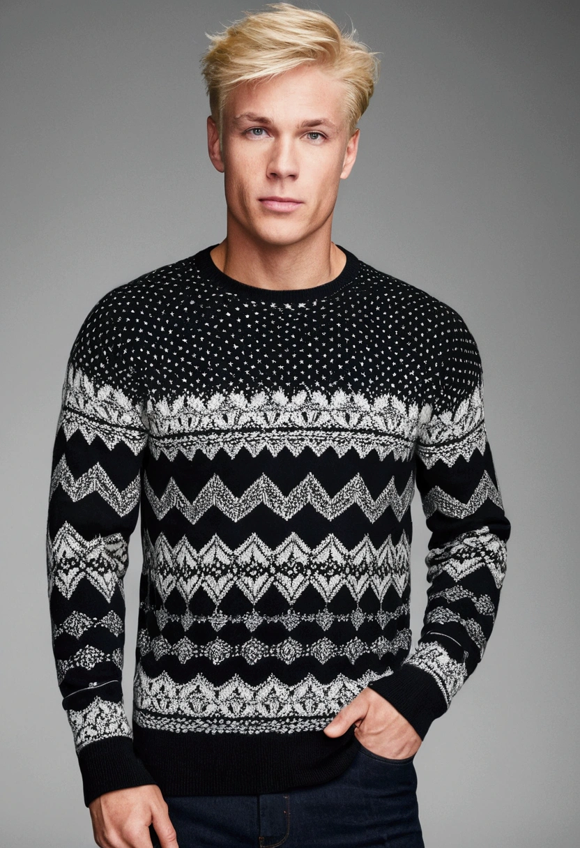 Male guy, blond American, white skin, short straight hair, perfect anatomy (hands), slim and fit body, casual clothes (black printed sweater), professional, real photo, close up photo, skin texture, camera focus canon, RAW photo