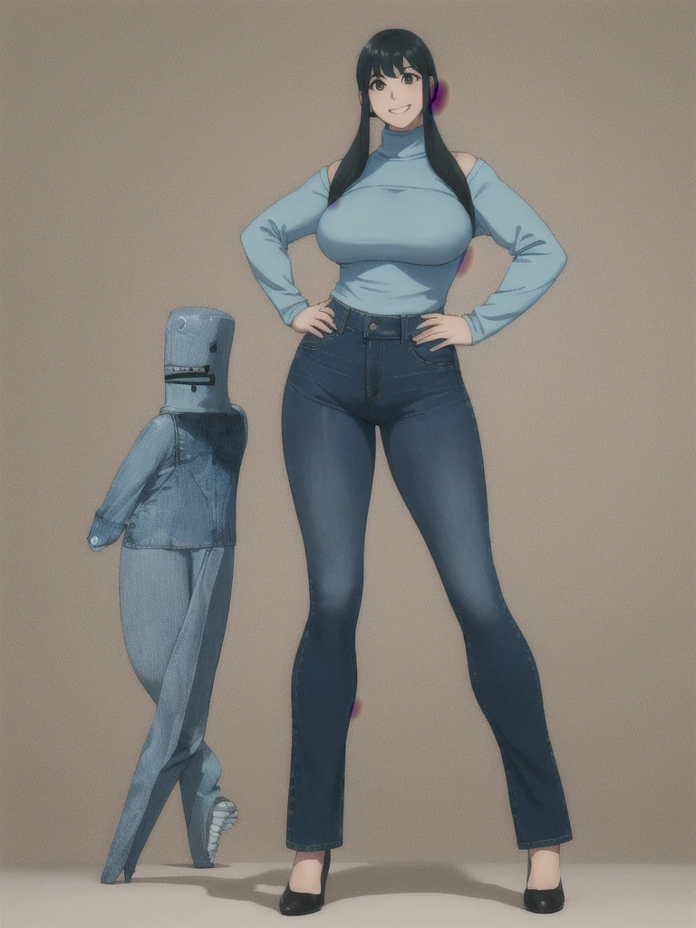 Yor briar, Hands on hips, Stand up straight, ((Full body)), (low head 1.5), A little chubby body type and small breasts, masterpiece, tight denim pants, chubby but small breasts, thick legs++, Full body+, Solo, Swollen face, 1 woman, wide shoulder, (white long sleeve tutleneck 1.5,) (tight turtle neck 1.5), light blue Denim pants, thick thighs, low rise light blue denim pants, solo, simple background, masterpiece, best quality, black hair, A chubby figure that seems real, smile, big head, High saturation