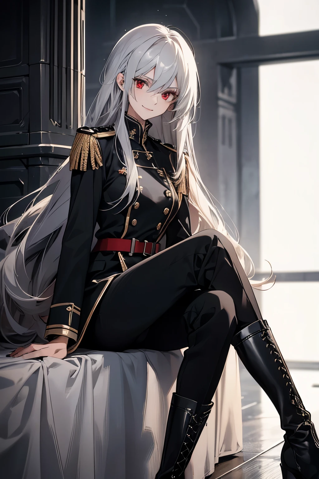 (Confused, High resolution, Very detailed), 1 female, Silver Hair,Long Hair,Bright red eyes,White and black military uniform,24th generation,beauty,mature,thin,quiet,Calm,A small smile,A kind smile,In front of the person I like,Long coat,Slender and thin,boots,skinny pants,Observatory,Small breasts,