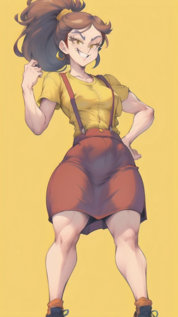 Full body image of Luan Loud from The Loud House, full body in image, wearing her original outfit (yellow shirt, red suspenders, and red skirt), brown hair tied in a ponytail, female body, slender and lively body, dynamic pose, detailed pose, simple background, expressive face showing a mischievous smile, focus on face, line art, sketch