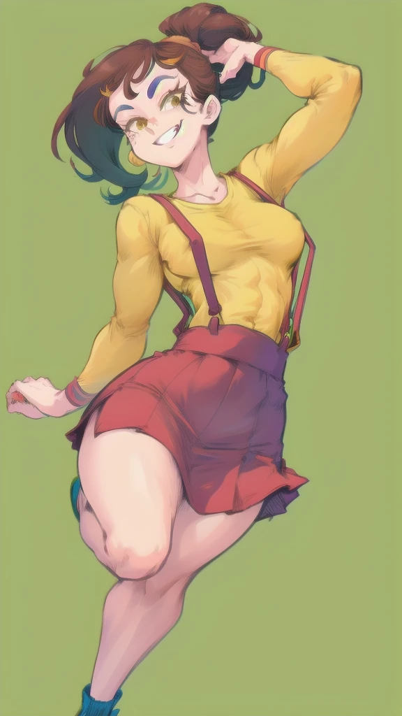 Full body image of Luan Loud from The Loud House, full body in image, wearing her original outfit (yellow shirt, red suspenders, and red skirt), brown hair tied in a ponytail, female body, slender and lively body, dynamic pose, detailed pose, simple background, expressive face showing a mischievous smile, focus on face, line art, sketch